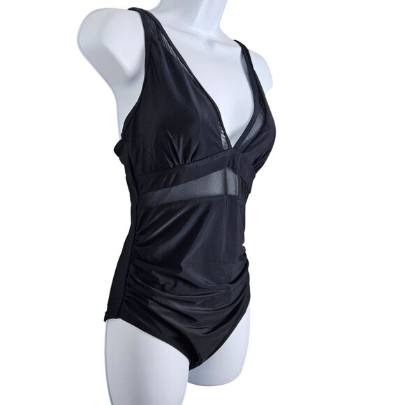 Womens Black One-Piece Swimsuit V Neck Sheer Mesh Panel Adjustable Straps Medium - Picture 6 of 9